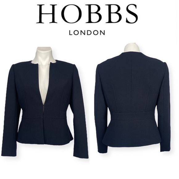 HOBBS London Wool Jacket Navy Blue Fitted Cropped Blazer Hook Closure US 6 - Picture 2 of 15